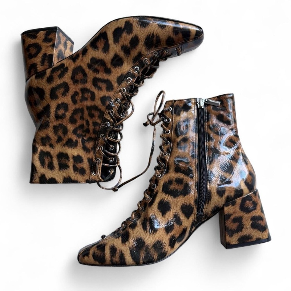 Kika Square Toe Leopard Print Patent Leather Booties, size 8